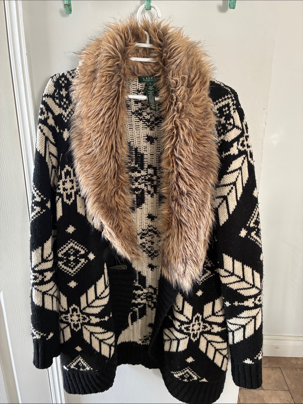 Ralph Lauren Black & Cream Fair Isle Cardigan with Faux Fur Trim